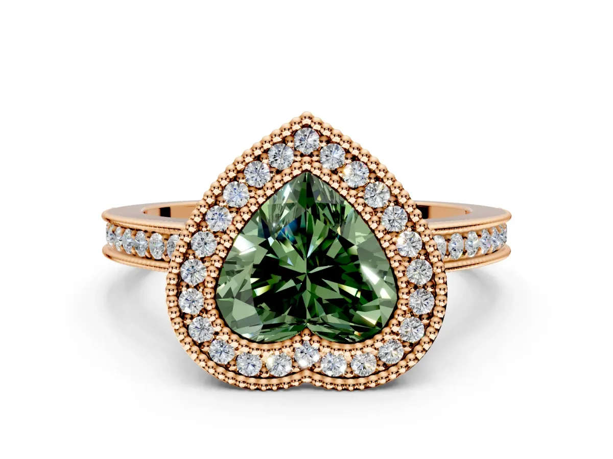 Halo Engagement Ring Setting for Fancy Green Heart-Shaped Center with Milgrain Halo, Pave Band and Prong Head in Rose Gold