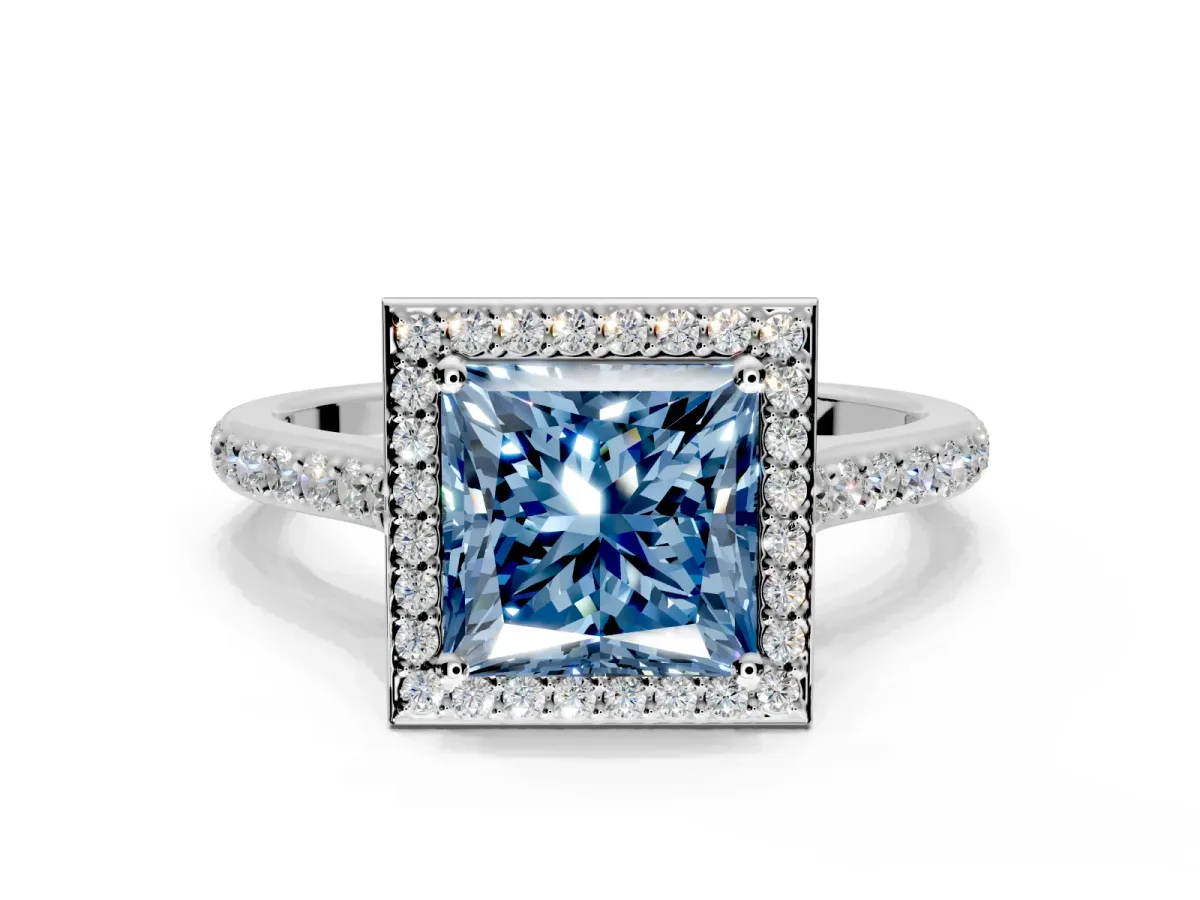 Halo Engagement Ring Setting for Fancy Blue Princess Cut Center with Pave Accents, Heart Basket and Prong Head in Platinum