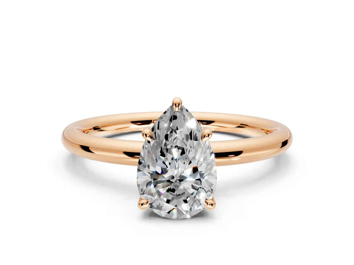 Hidden Halo Engagement Ring Setting for Pear-Shaped Center with Thin Rounded Band and Prong Head in Rose Gold