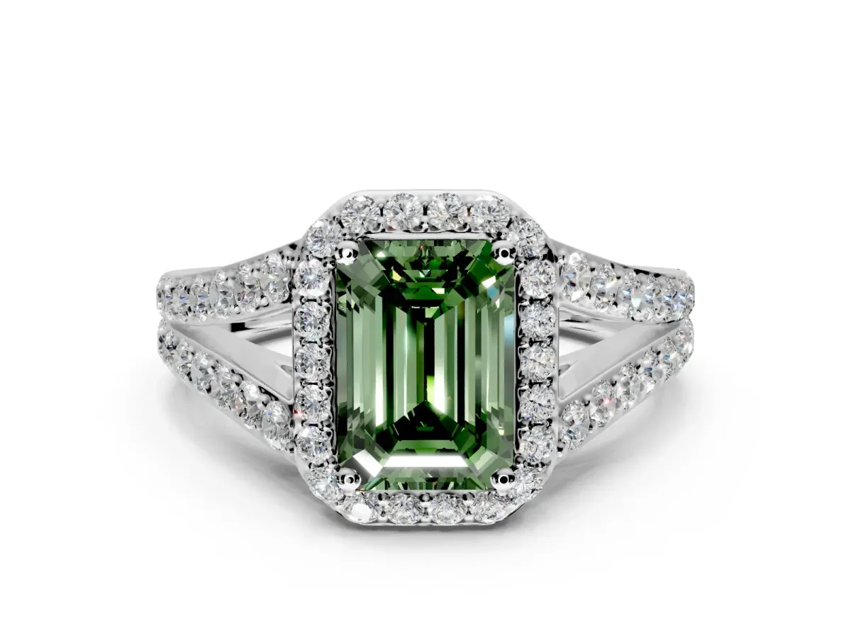 Halo Engagement Ring Setting for Fancy Green Emerald Cut Center with Narrow Pave Split Shank and Prong Head in White Gold