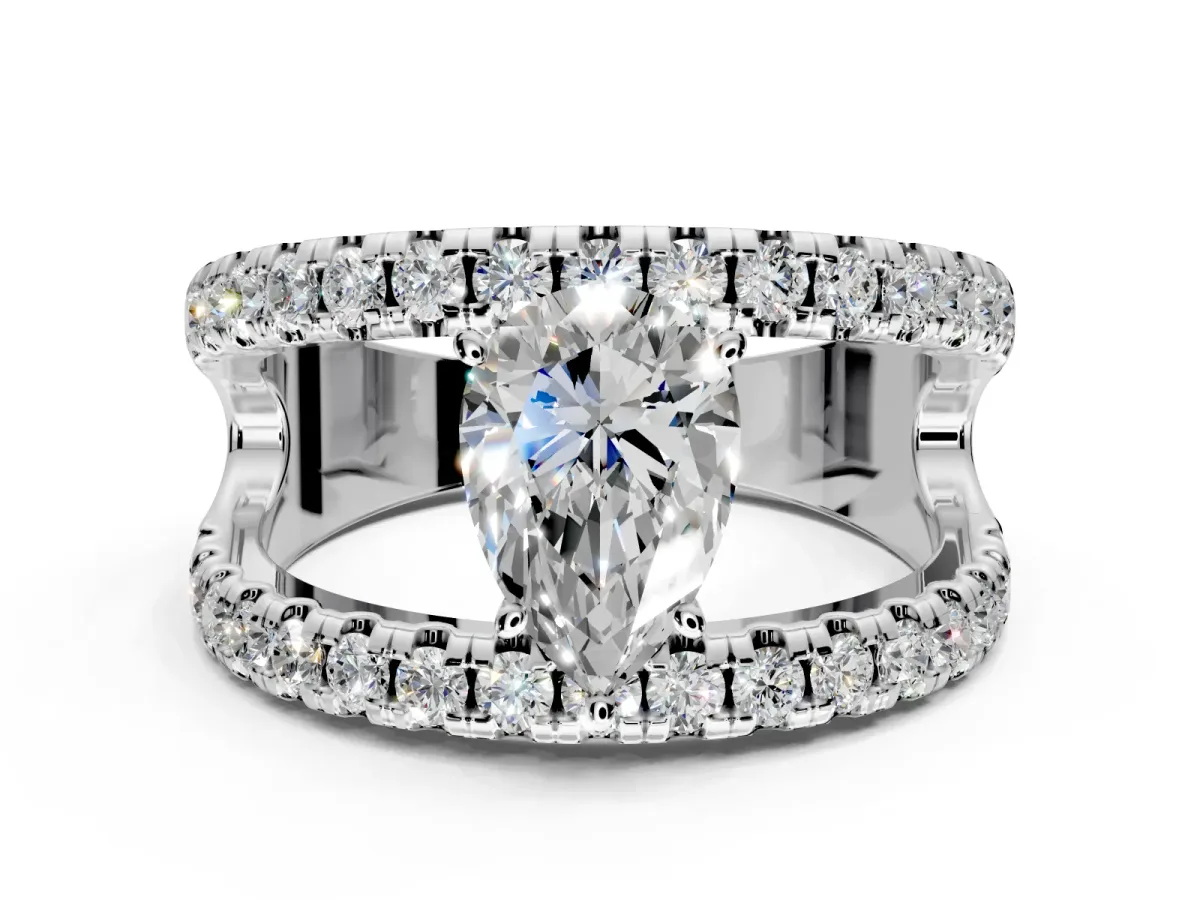 Solitaire Engagement Ring Setting for Pear-Shaped Center with Wide-Open Split Shank and Prong Head in Platinum