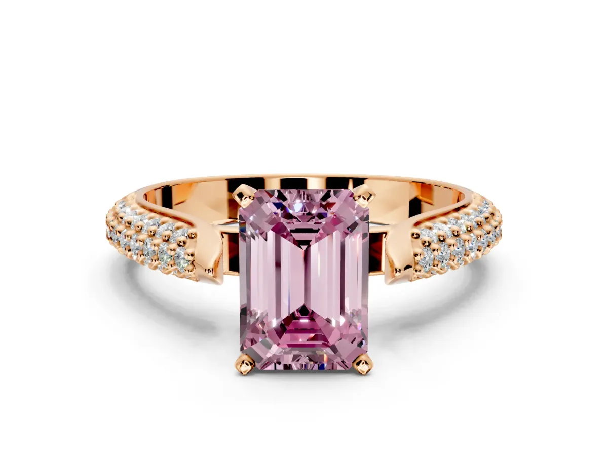 Solitaire Engagement Ring Setting for Fancy Pink Emerald Cut Center with Multi-Row Accents and Prong Head in Rose Gold