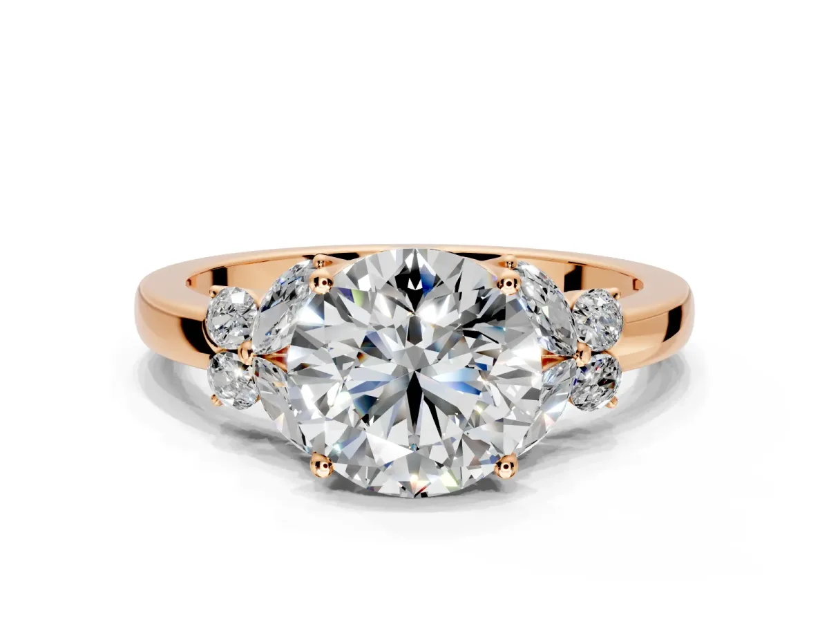 Solitaire Engagement Ring Setting for Round Cut Center with Marquise Flower Shoulders and Prong Head in Rose Gold