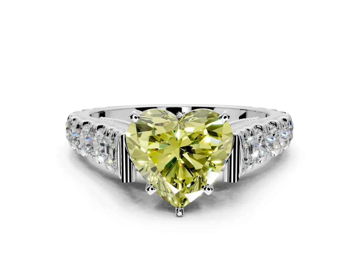 Solitaire Engagement Ring Setting for Fancy Yellow Heart-Shaped Center with Pave Cathedral Shoulders and Prong Head in Platinum
