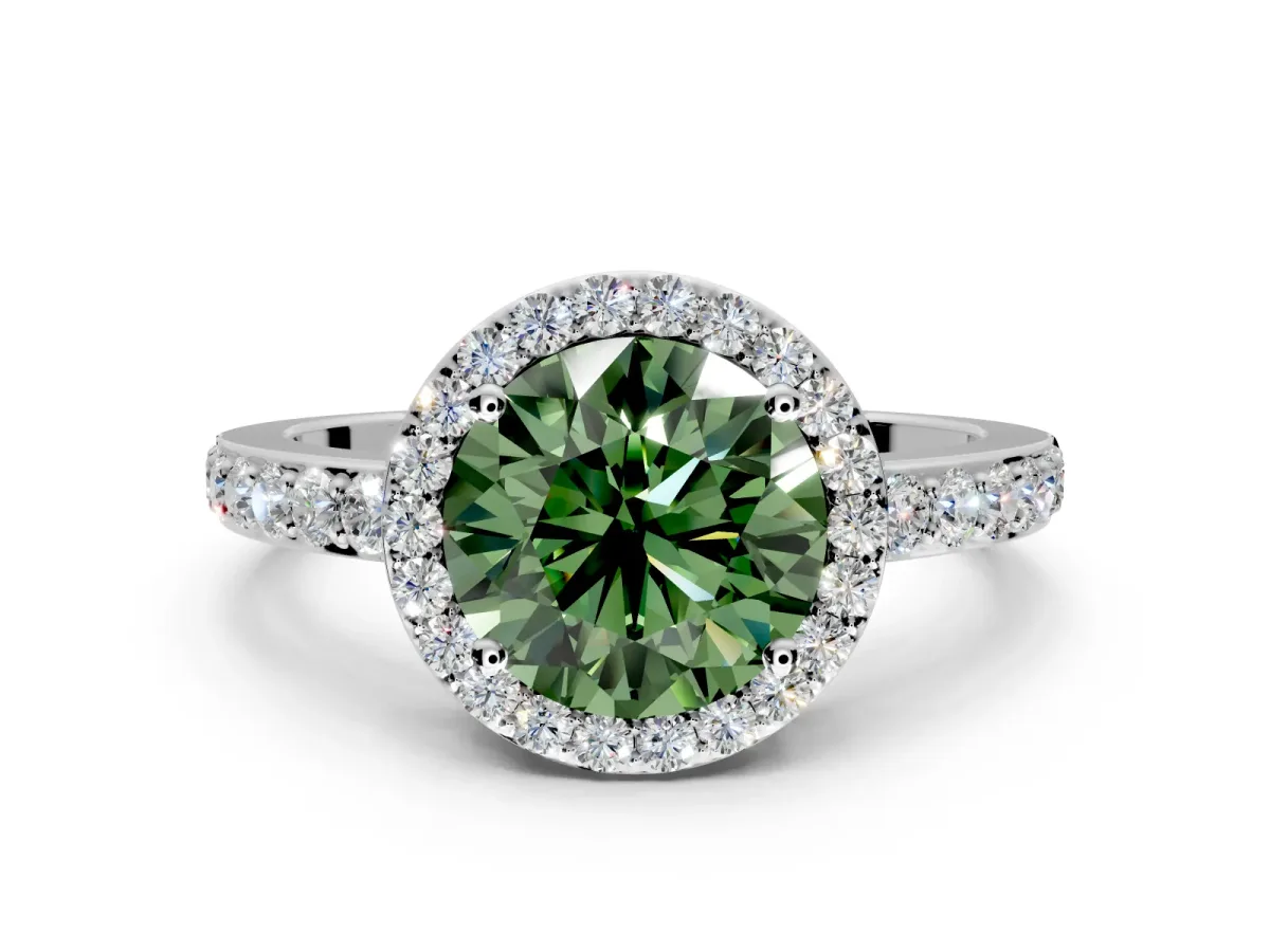 Halo Engagement Ring Setting for Fancy Green Round Cut Center with Heart-Shaped Openwork, Pave Band and Prong Head in Platinum