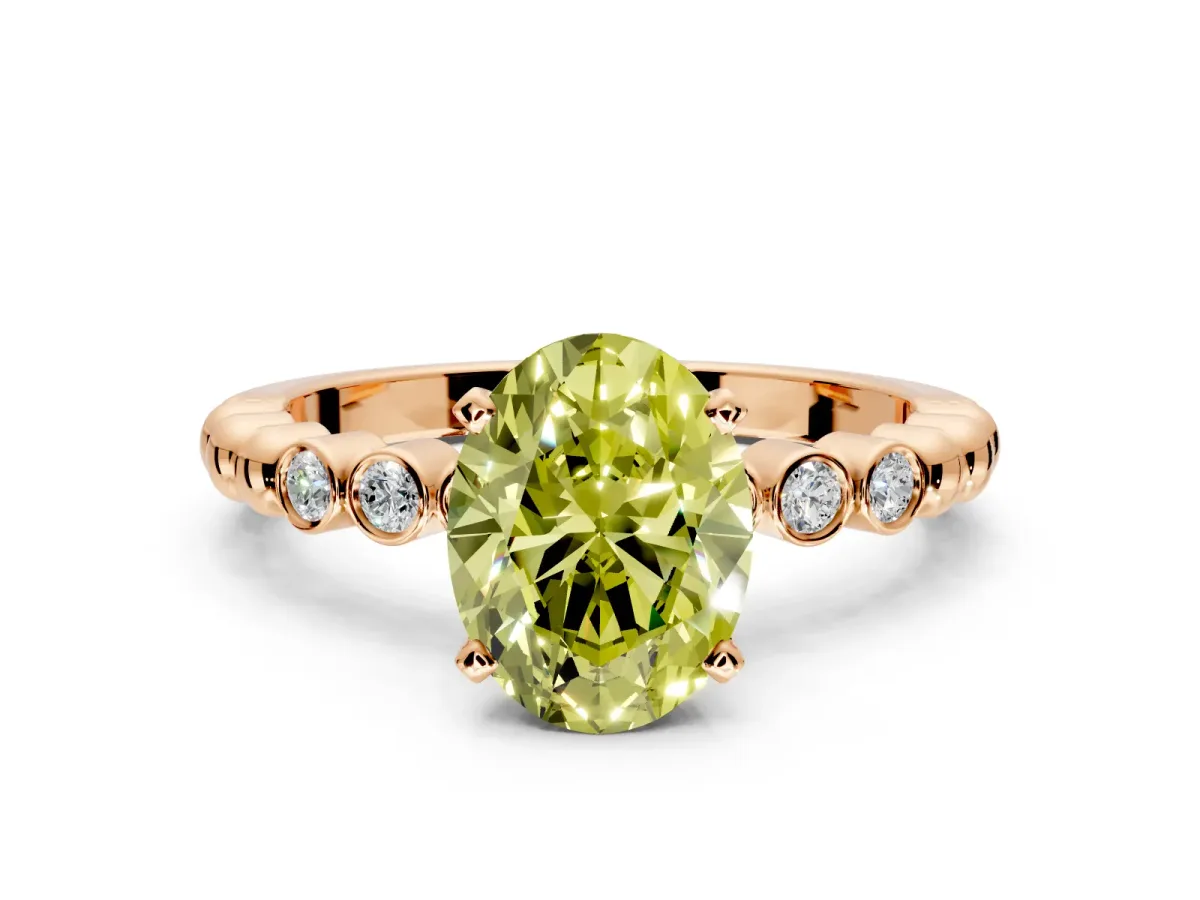 Solitaire Engagement Ring Setting for Fancy Yellow Oval Center with Bezel-Dot Beaded Band and Prong Head in Rose Gold