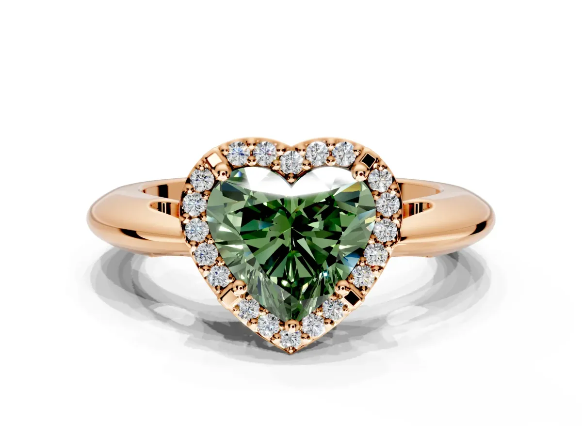 Halo Engagement Ring Setting for Fancy Green Heart-Shaped Center with Tapered Plain Band and Prong Head in Rose Gold
