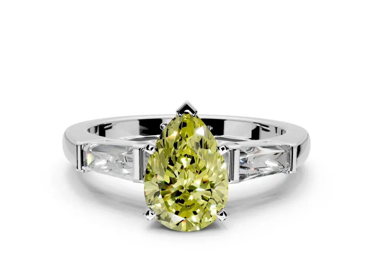 3 Stone Engagement Ring Setting for Fancy Yellow Pear-Shaped Center with Tapered Baguettes, Plain Band and Prong Head in Platinum