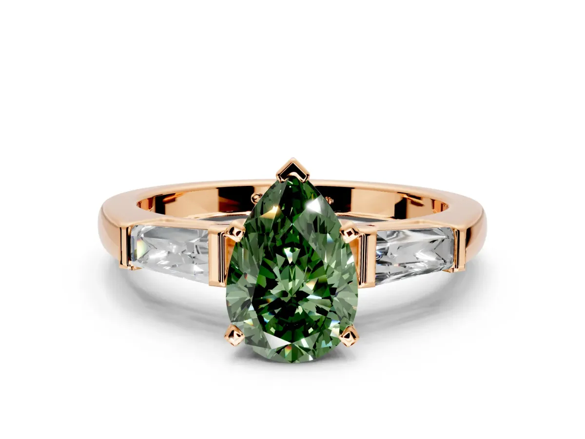 3 Stone Engagement Ring Setting for Fancy Green Pear-Shaped Center with Tapered Baguettes, Plain Band and Prong Head in Rose Gold