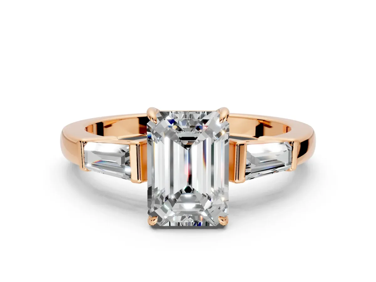 3 Stone Engagement Ring Setting for Emerald Cut Center with Baguette Accents and Prong Head in Rose Gold