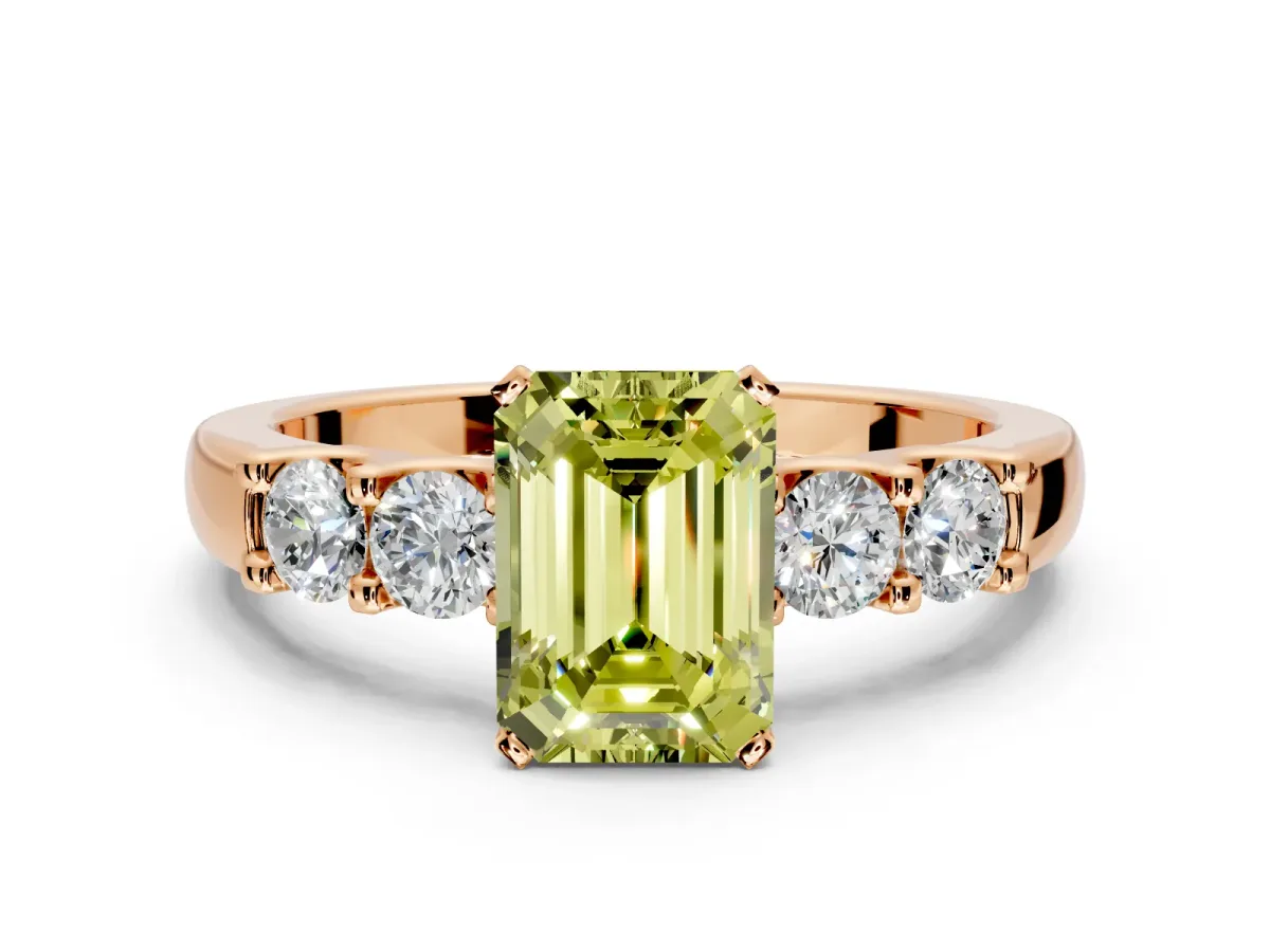 5 Stone Engagement Ring Setting for Fancy Yellow Emerald Cut Center with Plain Band and Prong Head in Rose Gold