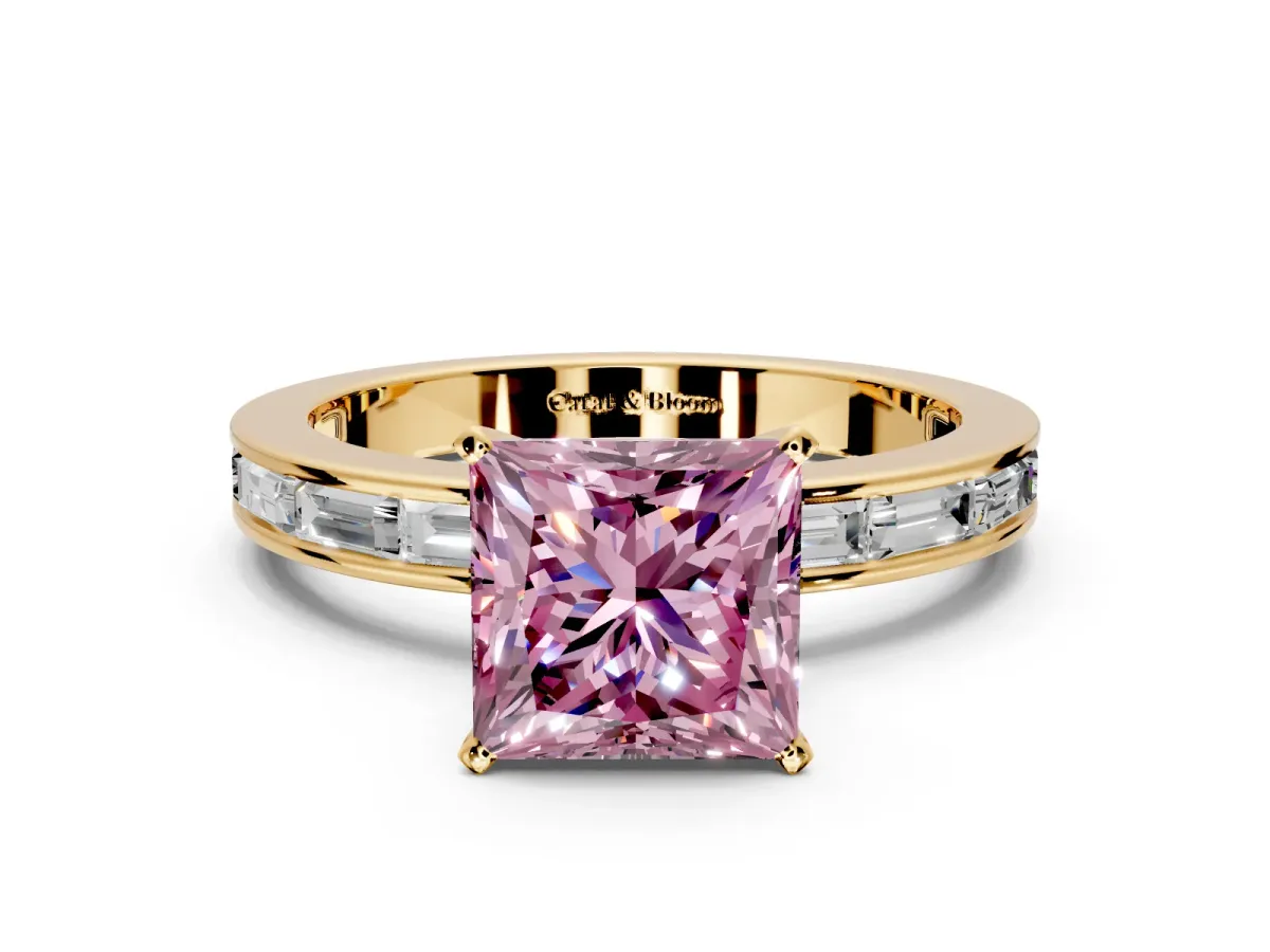 Solitaire Engagement Ring Setting for Fancy Pink Princess Cut Center with Channel Baguette Band and Prong Head in Yellow Gold