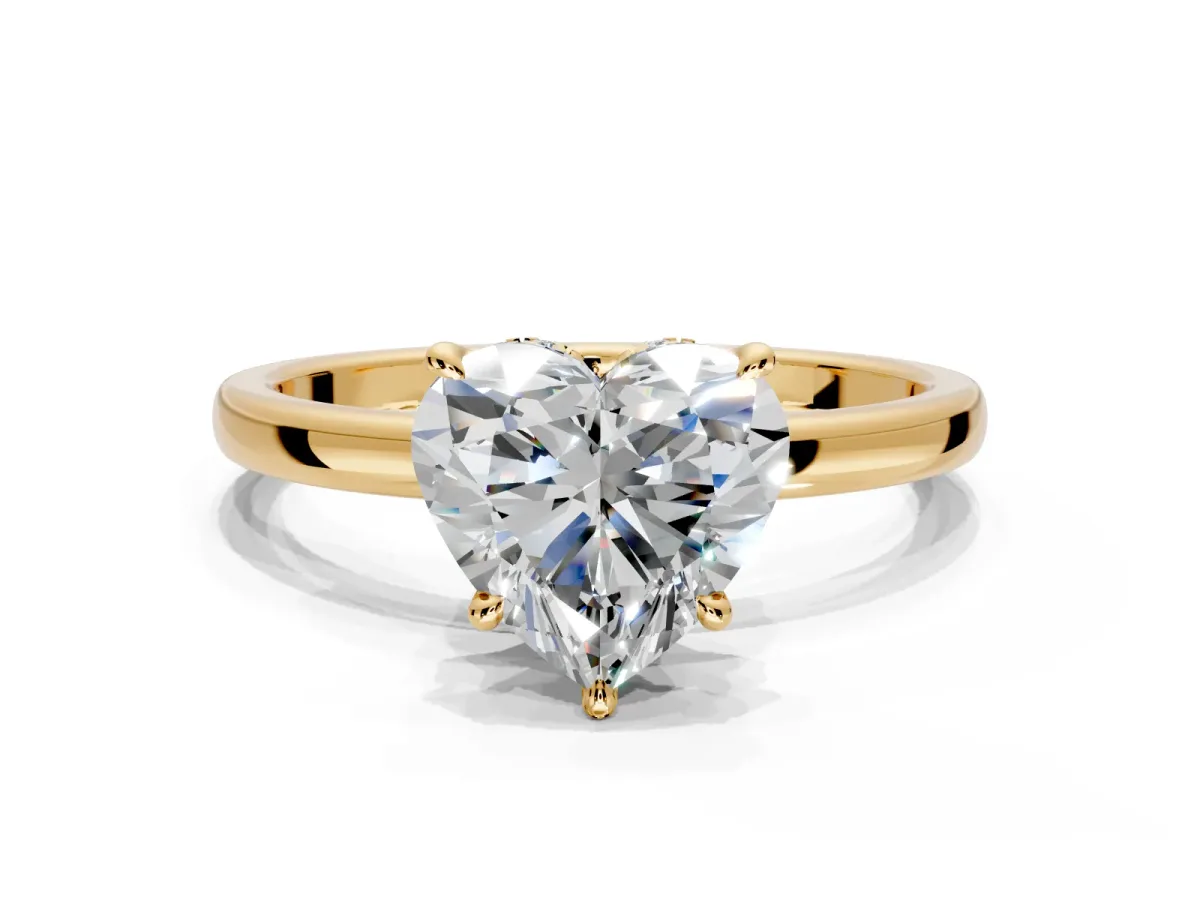 Hidden Halo Engagement Ring Setting for Heart-Shaped Center with Plain Band and Tall Prong Head in Yellow Gold