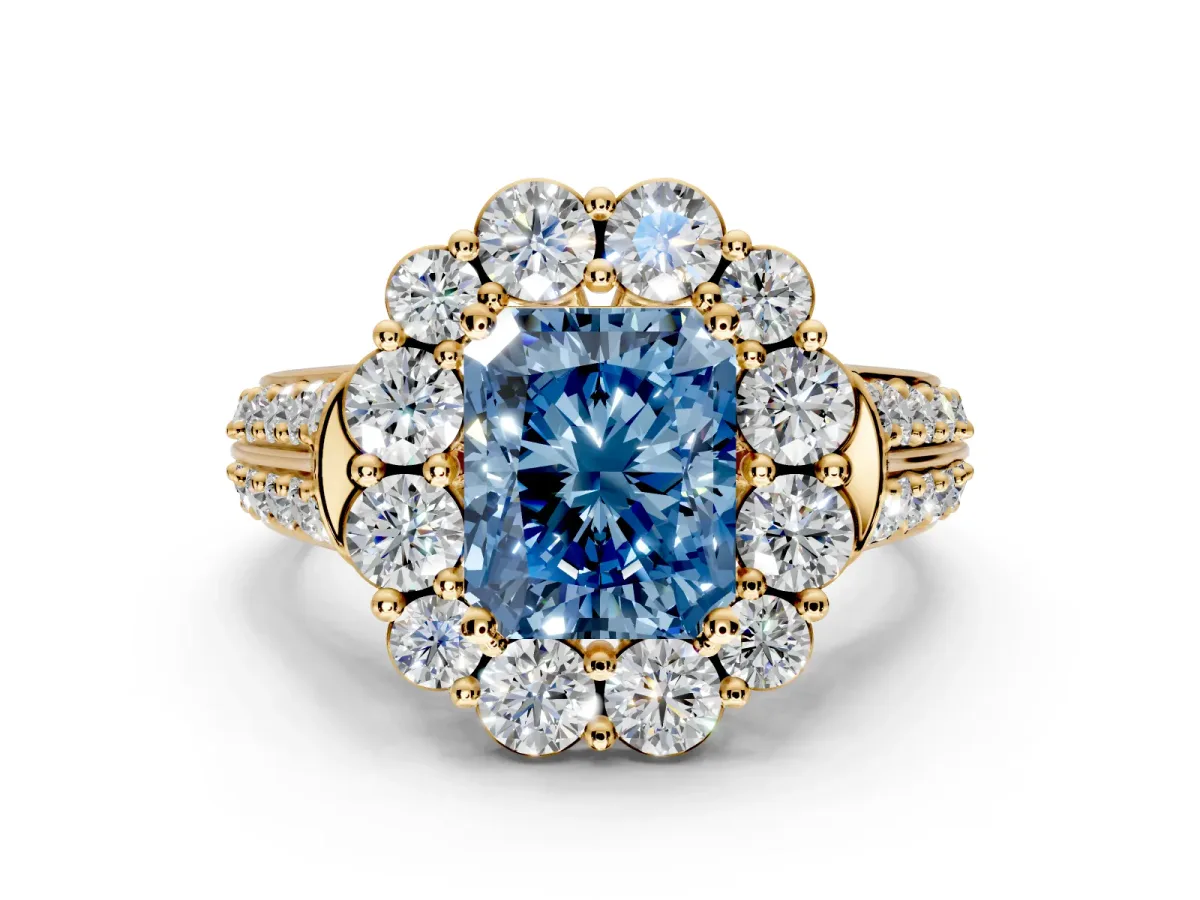 Large Accent Halo Engagement Ring Setting for Fancy Blue Radiant Cut Center with Pave Split Shank and Prong Head in Yellow Gold