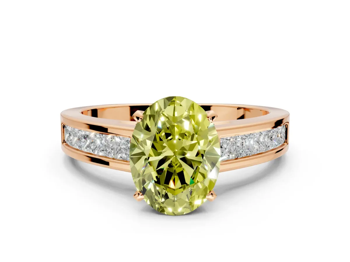 Solitaire Engagement Ring Setting for Fancy Yellow Oval Center with Princess Cut Channel Band and Prong Head in Rose Gold