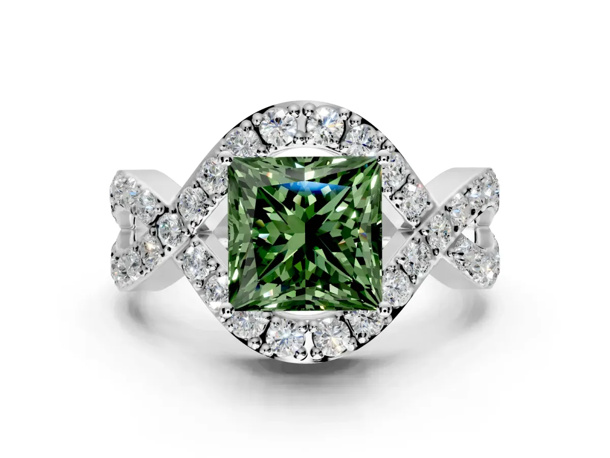 Halo Engagement Ring Setting for Fancy Green Princess Cut Center with Pave Infinity Twist Band and Prong Head in Sterling Silver