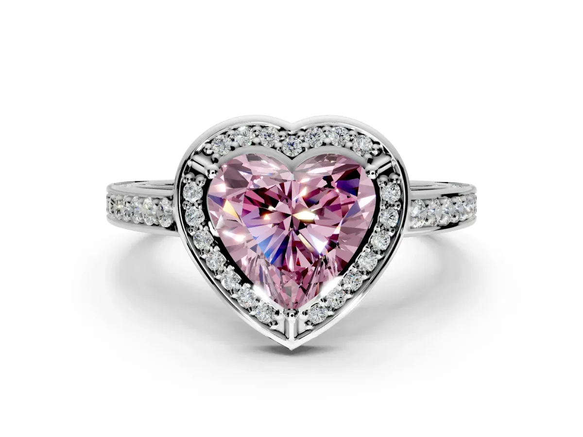 Halo Engagement Ring Setting for Fancy Pink Heart-Shaped Center with Framed Halo, Pave Band and Prong Head in Platinum