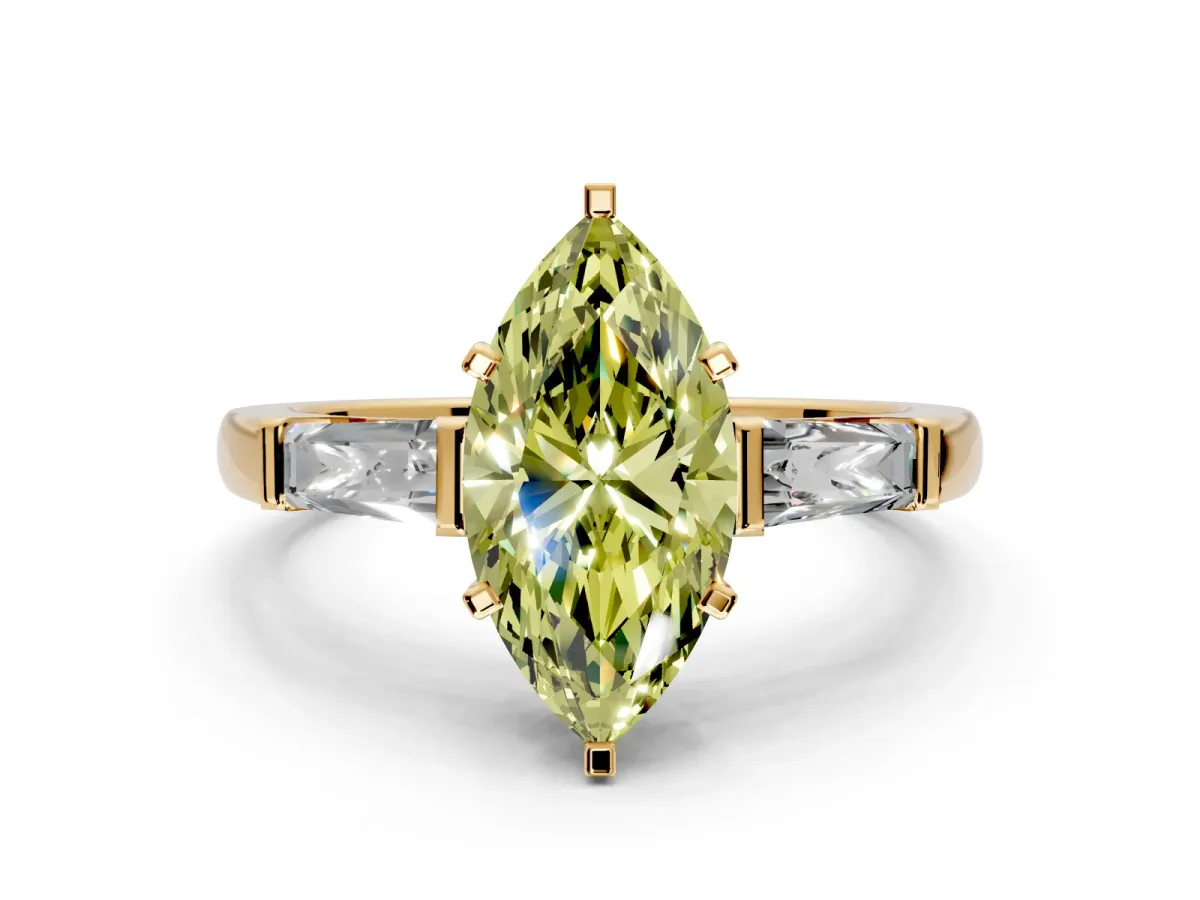 3 Stone Engagement Ring Setting for Fancy Yellow Marquise Center with Tapered Baguettes, Plain Band and Prong Head in Yellow Gold