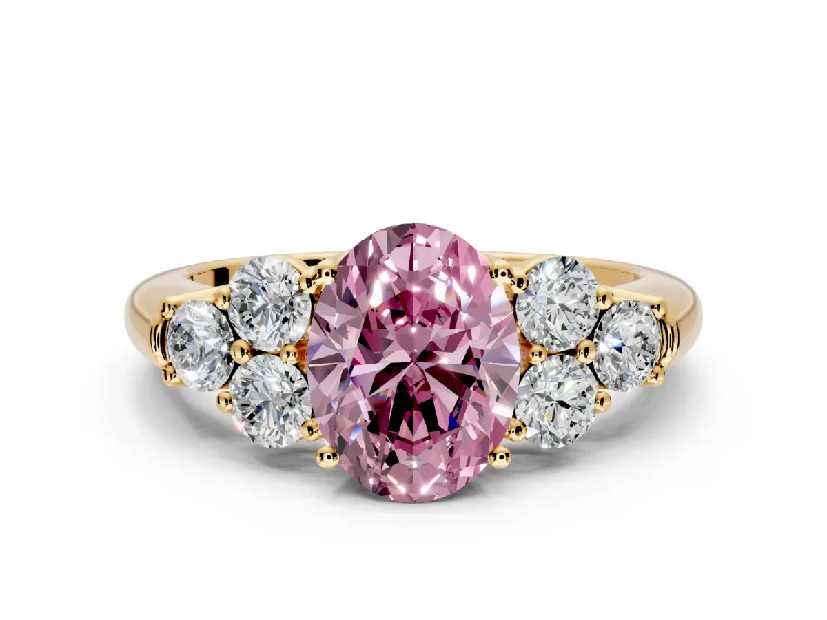 Cluster Engagement Ring Setting for Fancy Pink Oval Center with Round Cut Accent Frame and Prong Head in Yellow Gold