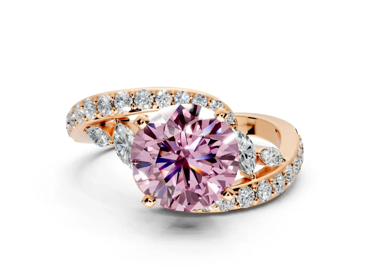 Solitaire Engagement Ring Setting for Fancy Pink Round Cut Center with Pave Bypass Twist Band and Prong Head in Rose Gold