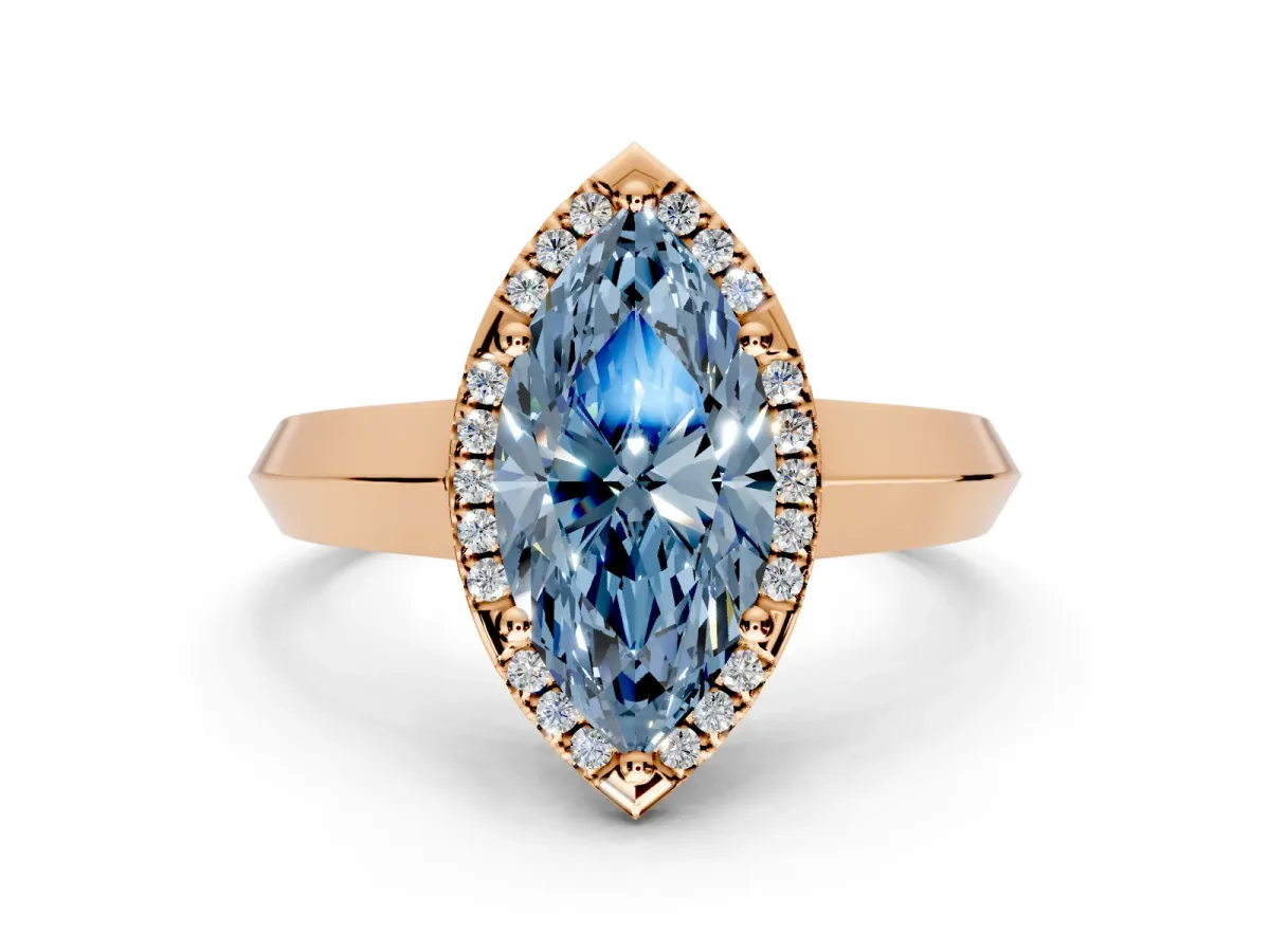 Halo Engagement Ring Setting for Fancy Blue Marquise Center with Knife Ridge Cathedral Band and Prong Head in Rose Gold