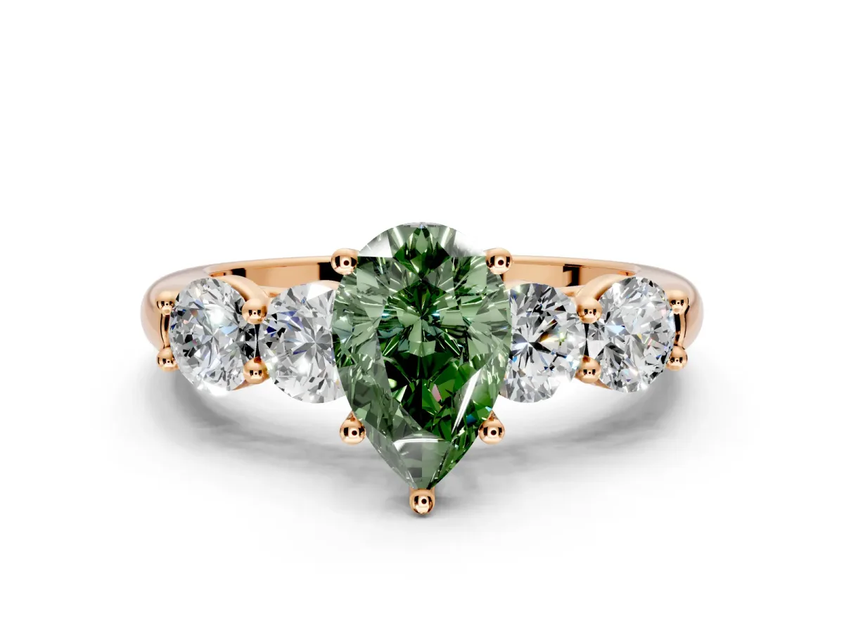 5 Stone Engagement Ring Setting for Fancy Green Pear-Shaped Center with Graduated Accents and Prong Head in Rose Gold