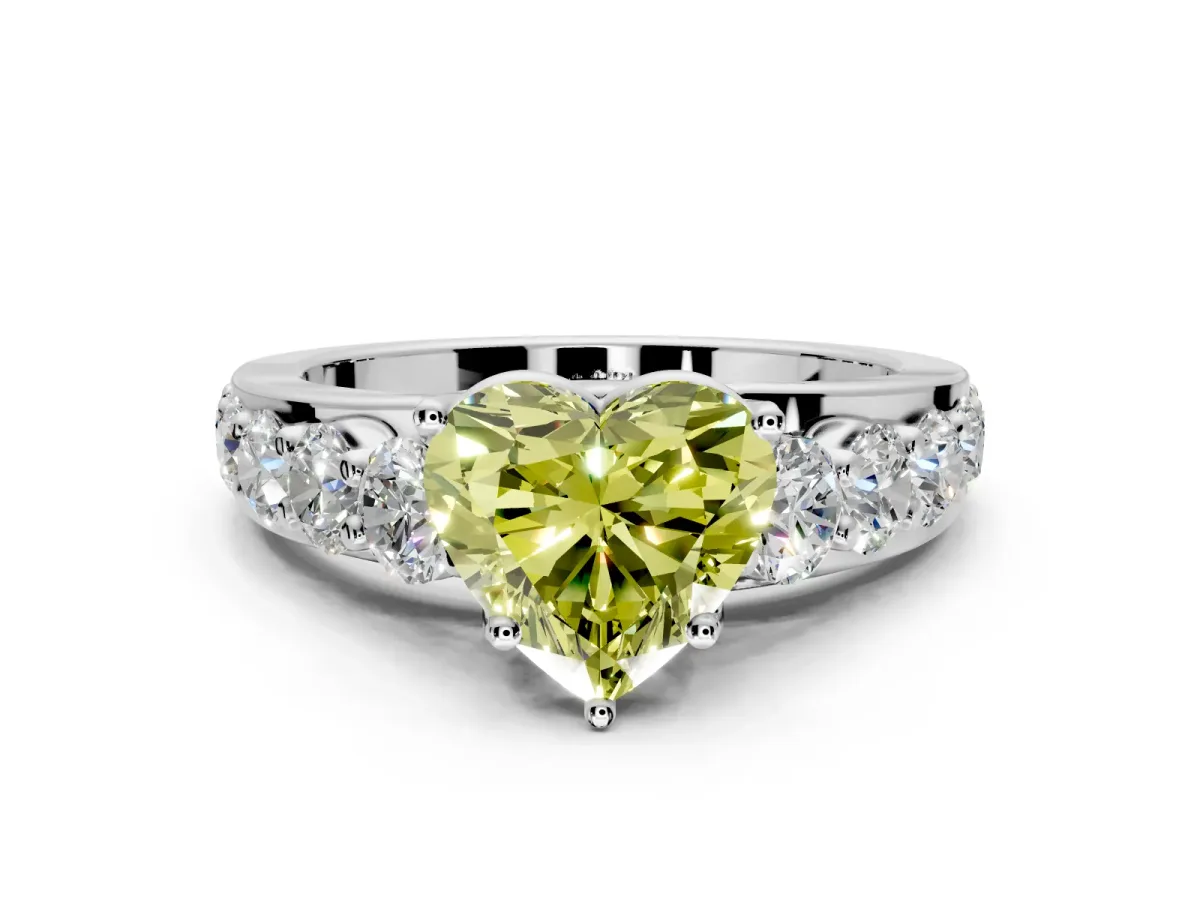 Solitaire Engagement Ring Setting for Fancy Yellow Heart-Shaped Center with Graduated Shared Prongs and Prong Head in Platinum