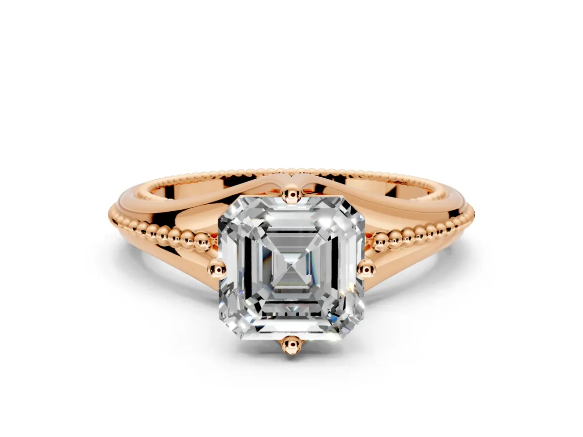 Solitaire Engagement Ring Setting for Asscher Cut Center with Milgrain Cathedral Band and Prong Head in Rose Gold