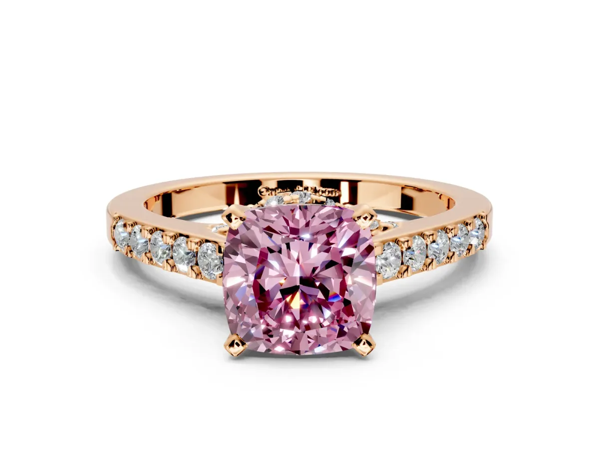 Solitaire Engagement Ring Setting for Fancy Pink Cushion Cut Center with Crossover Accents and Prong Head in Rose Gold