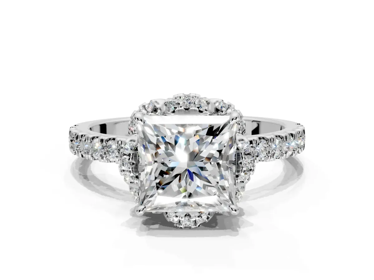 Halo Engagement Ring Setting for Princess Cut Center with Openwork Halo, Pave Band and Prong Head in Platinum