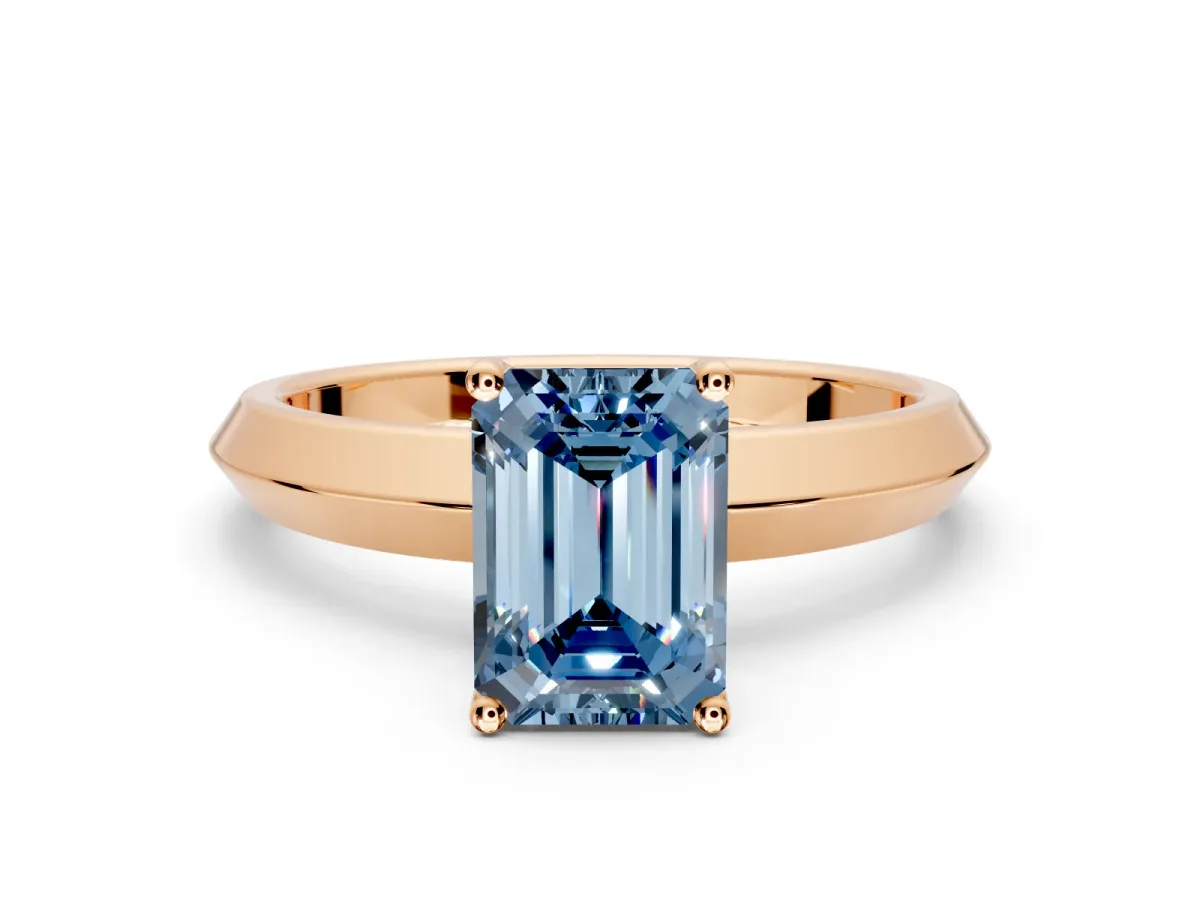 Solitaire Engagement Ring Setting for Fancy Blue Emerald Cut Center with Wide Knife Ridge Band and Prong Head in Rose Gold