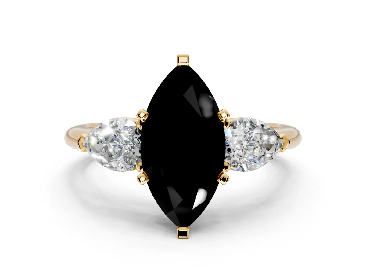 3 Stone Engagement Ring Setting for Fancy Black Marquise Center with Large Pear-Shaped Accents and Prong Head in Yellow Gold