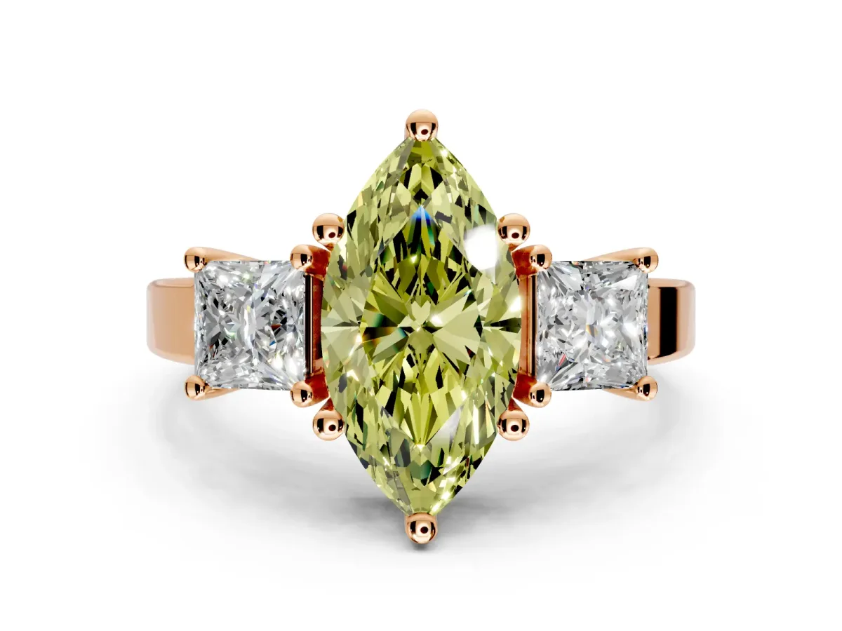 3 Stone Engagement Ring Setting for Fancy Yellow Marquise Center with Matching Side Accents and Prong Head in Rose Gold