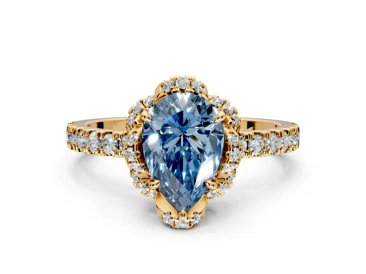 Halo Engagement Ring Setting for Fancy Blue Pear-Shaped Center with Openwork Halo, Pave Band and Prong Head in Yellow Gold