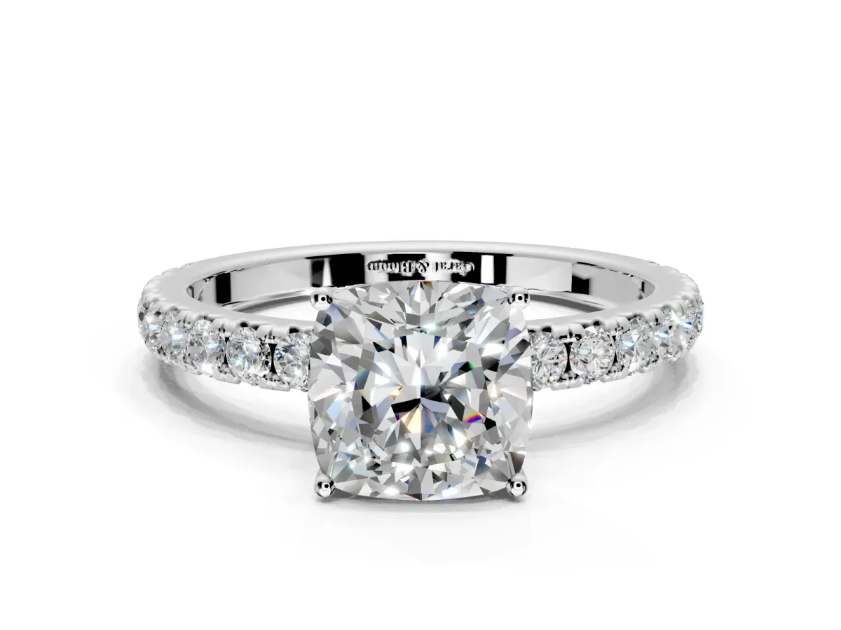 Solitaire Engagement Ring Setting for Cushion Cut Center with Large Accent Band and Prong Head in Platinum