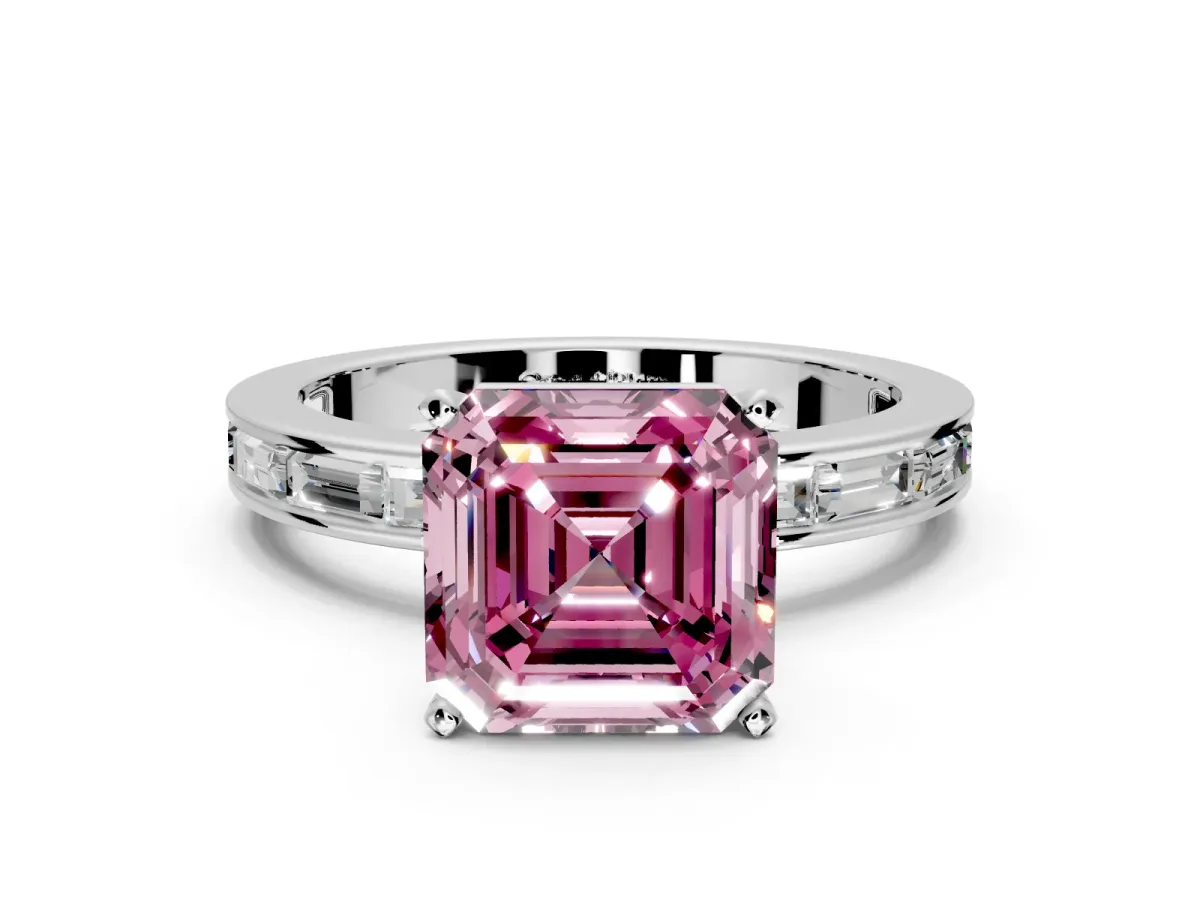 Solitaire Engagement Ring Setting for Fancy Pink Asscher Cut Center with Channel Baguette Band and Prong Head in Platinum