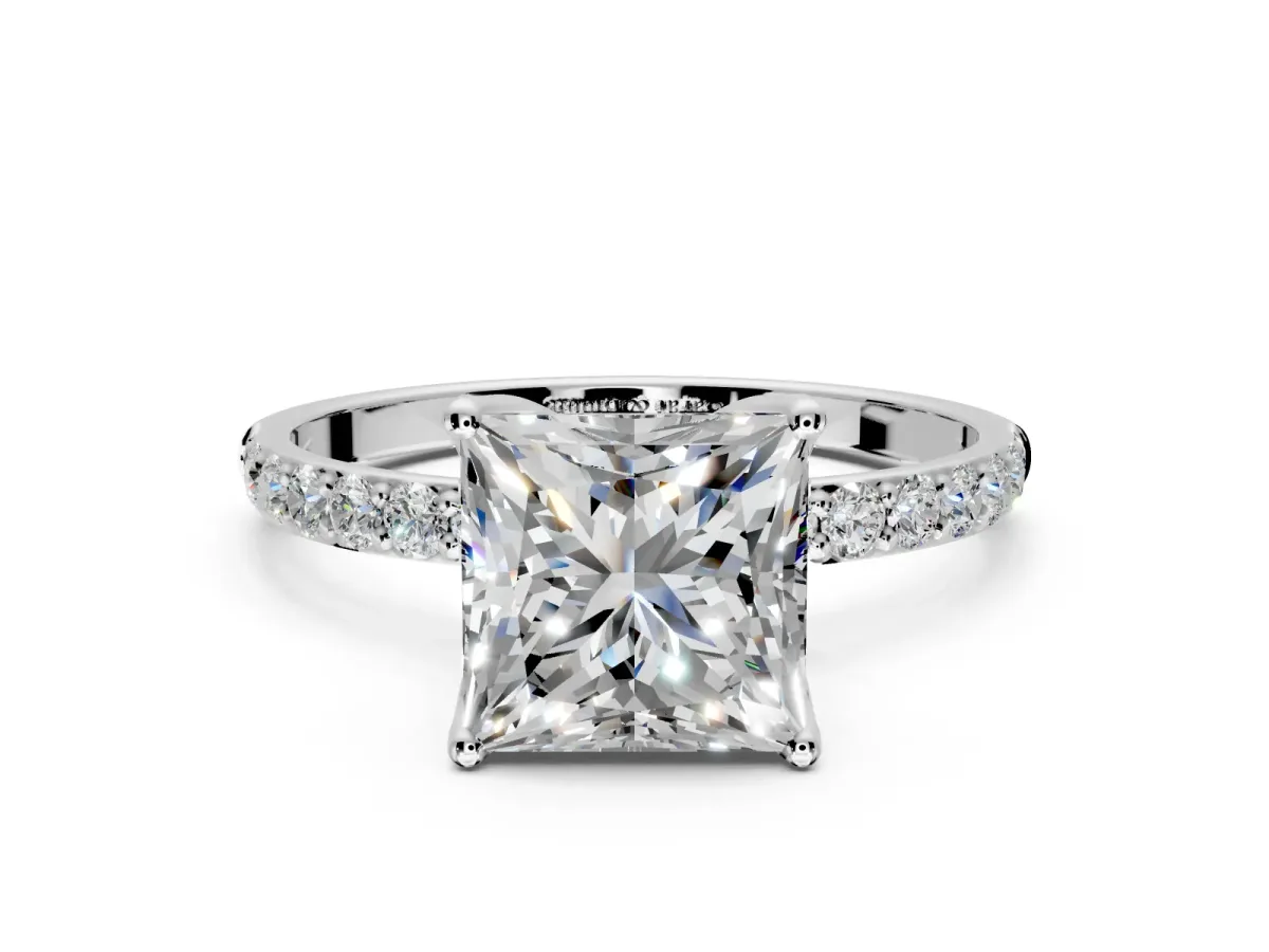 Solitaire Engagement Ring Setting for Princess Cut Center with Fine Pave Accents and Prong Head in Platinum