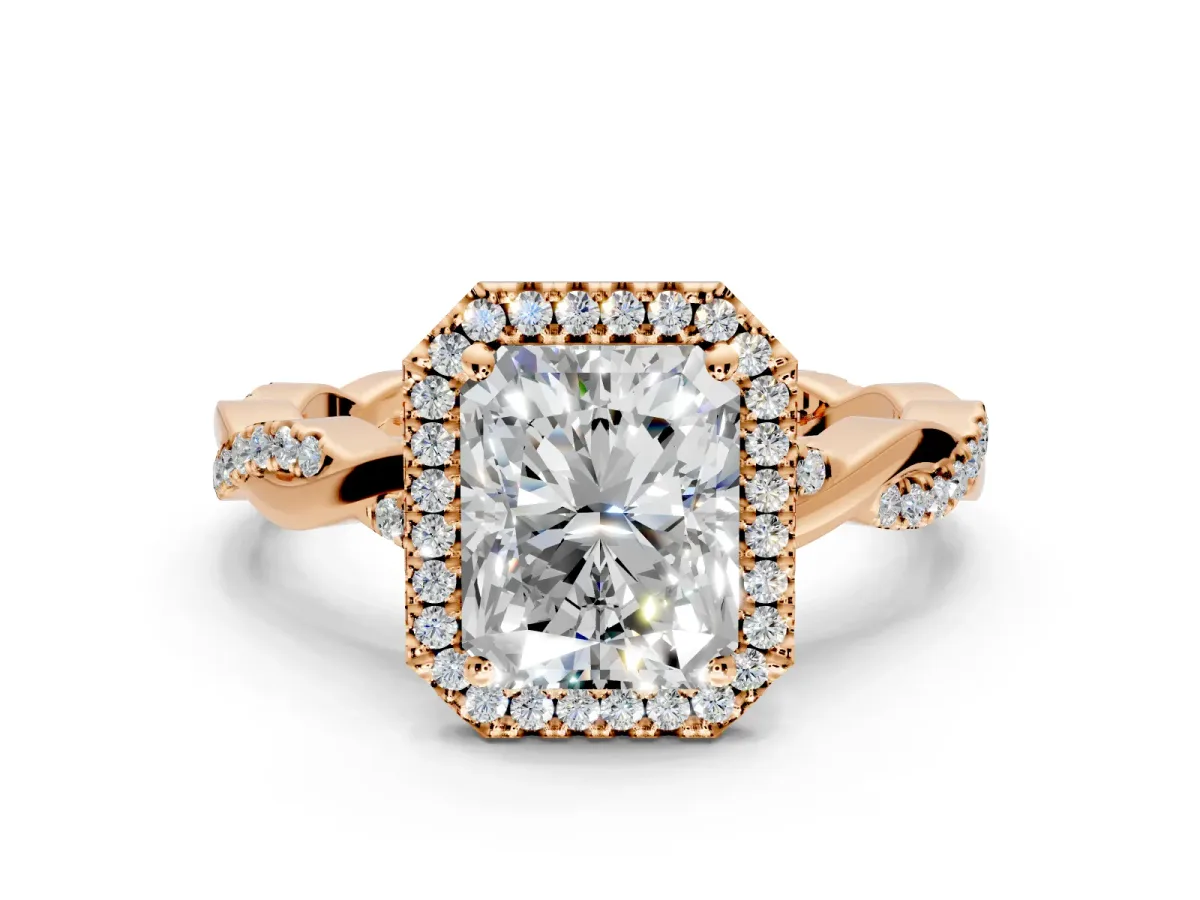 Halo Engagement Ring Setting for Radiant Cut Center with Pave and Plain Twist Band and Prong Head in Rose Gold