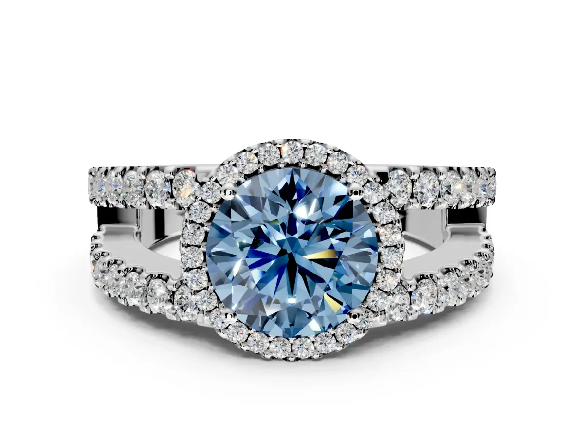 Halo Engagement Ring Setting for Fancy Blue Round Cut Center with Wide-Open Pave Split Shank and Prong Head in Sterling Silver