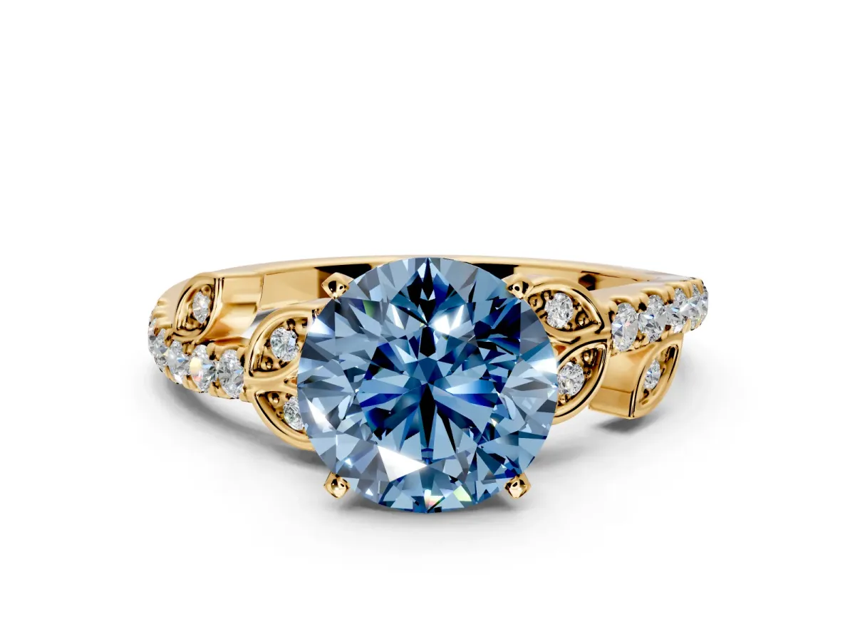 Leaf Motif Engagement Ring Setting for Fancy Blue Round Cut Center with Pave Band and Prong Head in Yellow Gold
