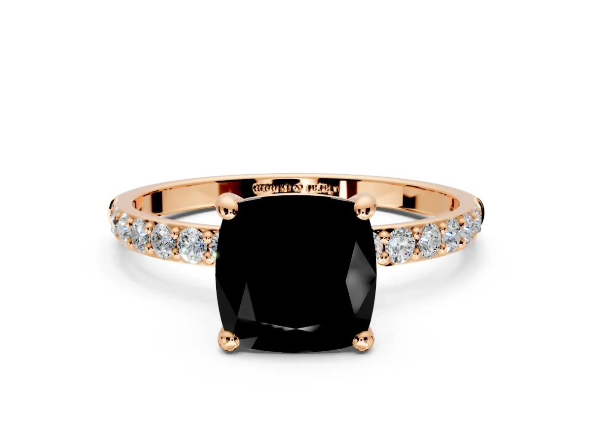 Solitaire Engagement Ring Setting for Fancy Black Cushion Cut Center with Pave Accents and Prong Head in Rose Gold