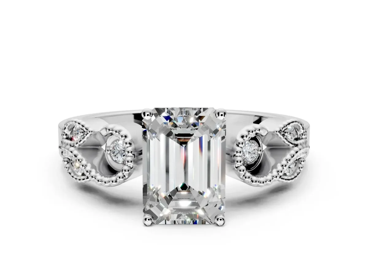 Leaf Engagement Ring Setting for Emerald Cut Center with Milgrain Accent Band and Prong Head in Platinum
