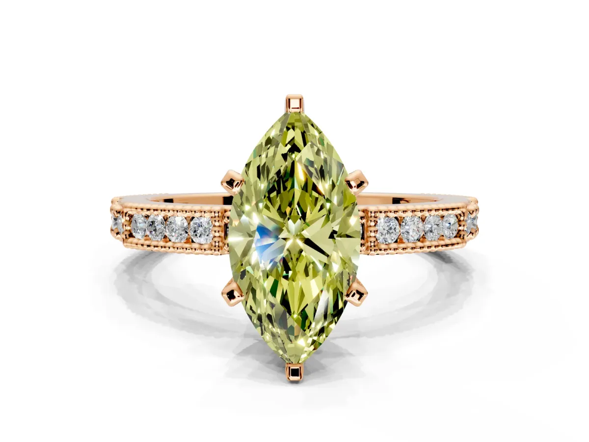 Solitaire Engagement Ring Setting for Fancy Yellow Marquise Center with Milgrain-Edged Pave Band and Prong Head in Rose Gold