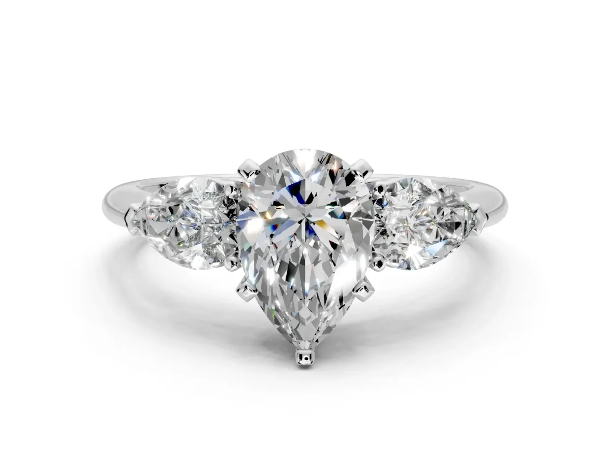 3 Stone Engagement Ring Setting for Pear-Shaped Center with Large Pear-Shaped Accents and Prong Head in Platinum