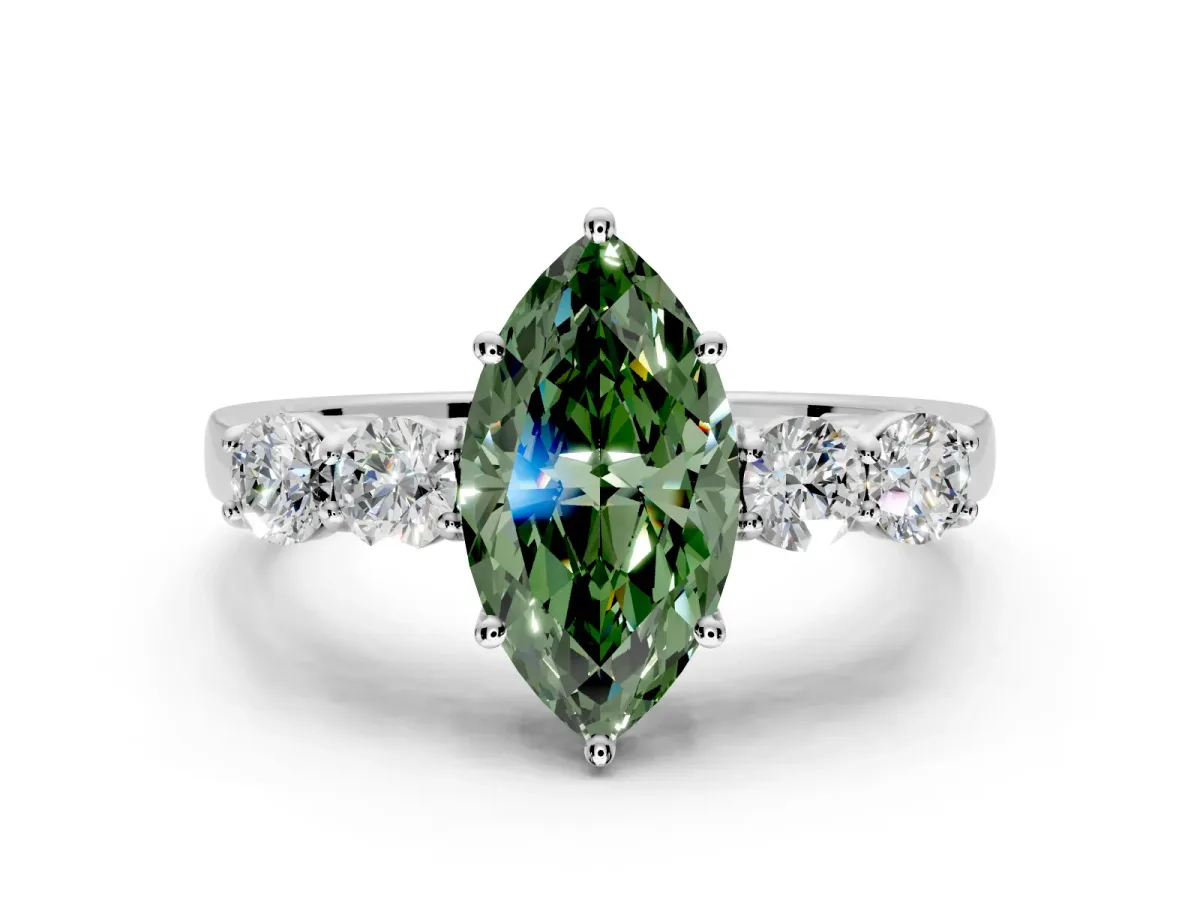 5 Stone Engagement Ring Setting for Fancy Green Marquise Center with Equal Close-Set Accents and Prong Head in Sterling Silver