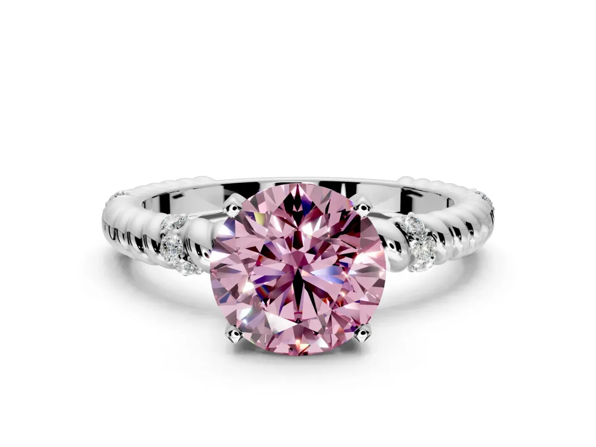 Rope Engagement Ring Setting for Fancy Pink Round Cut Center with Accent Shoulders and Prong Head in White Gold