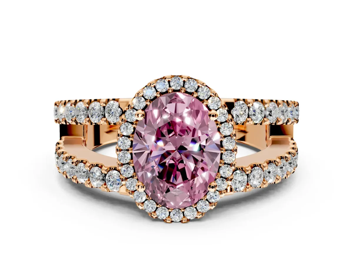 Halo Engagement Ring Setting for Fancy Pink Oval Center with Wide-Open Pave Split Shank and Prong Head in Rose Gold