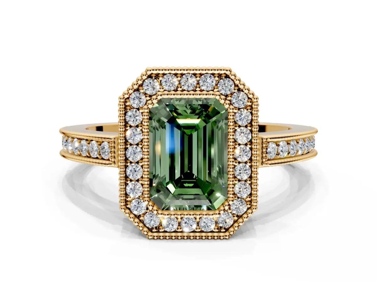 Halo Engagement Ring Setting for Fancy Green Emerald Cut Center with Milgrain Halo, Pave Band and Prong Head in Yellow Gold