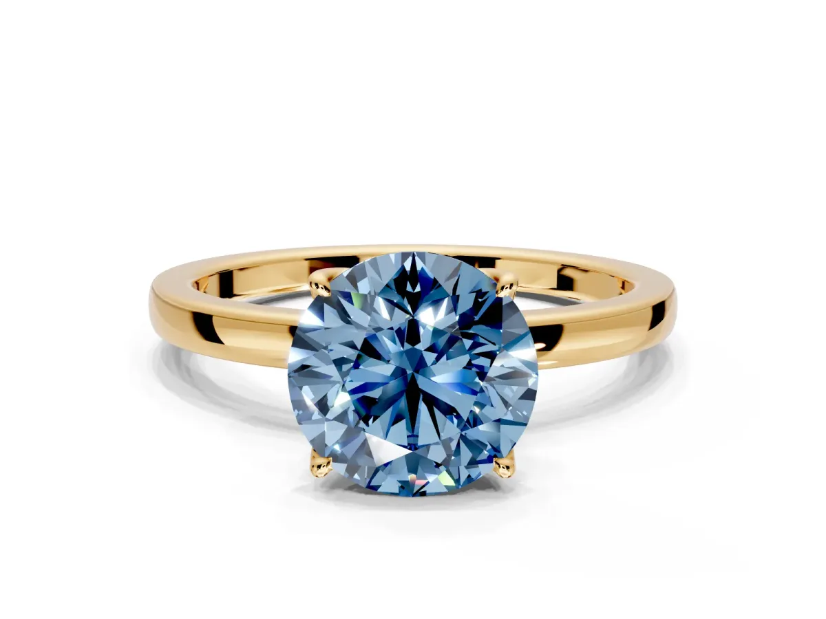 Solitaire Engagement Ring Setting for Fancy Blue Round Cut Center with Thin Rounded Plain Band and Prong Head in Yellow Gold