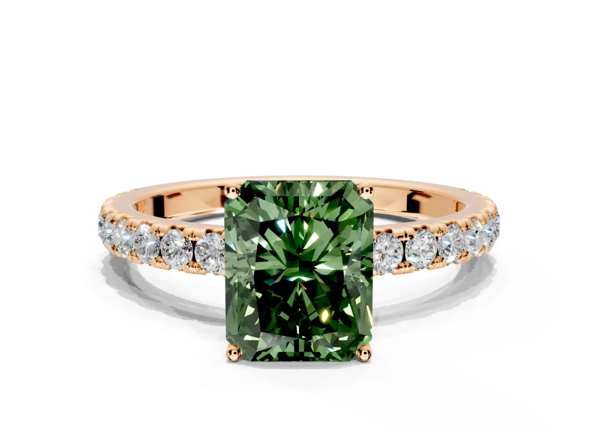 Solitaire Engagement Ring Setting for Fancy Green Radiant Cut Center with Large Accent Band and Prong Head in Rose Gold